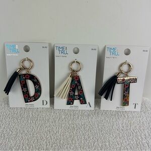 3 - NIB -Time & Tru Floral "D", "A", & "T" Initial Bag Charm Keychains W/ Tassel